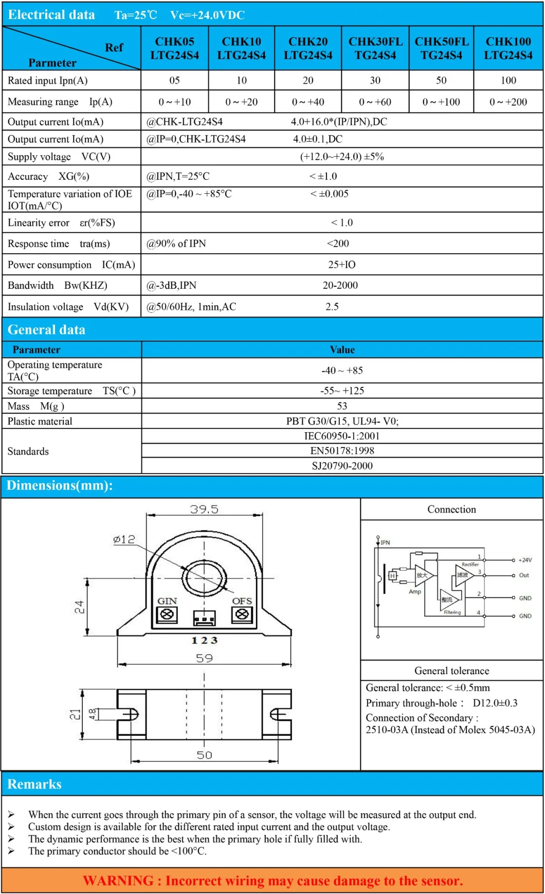 Open Loop Current Transmitter Output 4~20mA Hall Effect Sensor