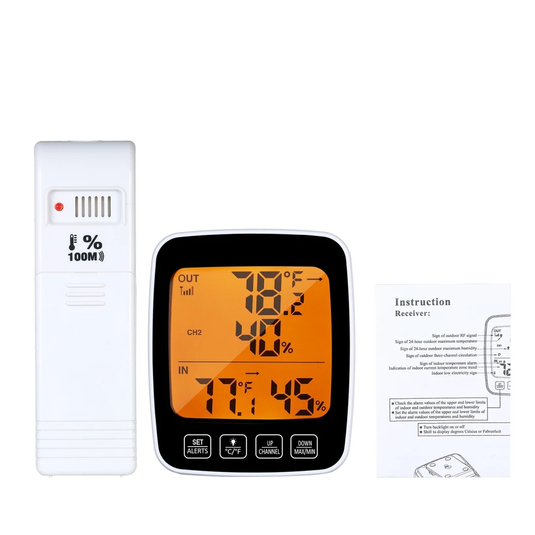 Factory Thermo Hygrometer Temperature Humidity Monitor with Wireless Sensor with LCD Screen, &ordm; C/&ordm; F Switch for Home