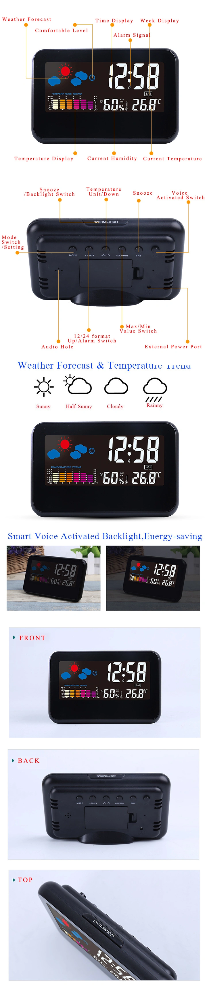 Thermometer Wireless Temperature and Humidity Monitor with Backlight &amp; Alarm Clock for Home Hotel Room