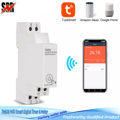 Model TM608 18mm WiFi Smart Single-Phase Digital Timer & Meter (Remote WiFi Smart Light Control Switch Programmer with Energy Monitoring AC 110V 220V 16A)